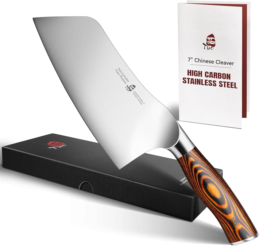 TUO Fiery Phoenix 7-inch stainless-steel cleaver knife with pakkawood 