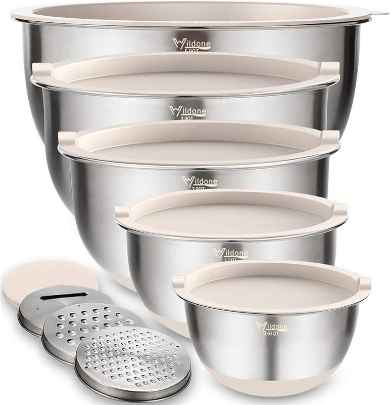 Wildone 5-Piece Stainless Steel Nesting Mixing Bowls with Airtight Lid