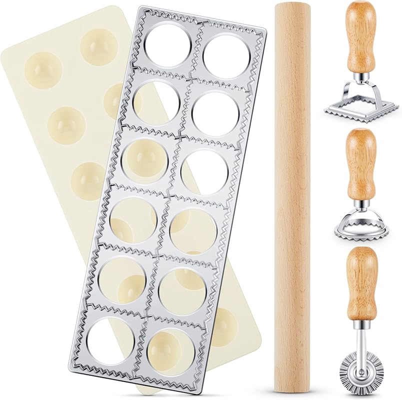 Geetery 5-Piece Ravioli Mold Set with 12-Hole Press, 3 Pasta Cutters,