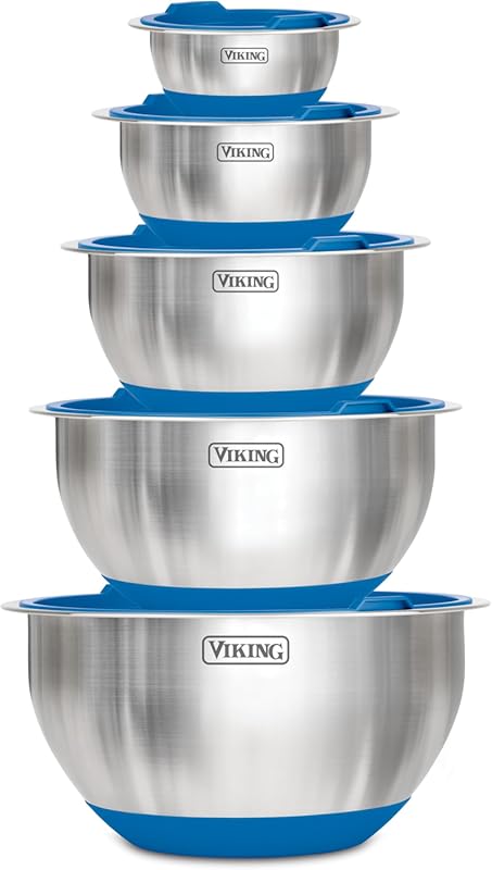 Viking 10-Piece Stainless Steel Mixing Bowls with Lids - Non-Slip Sili