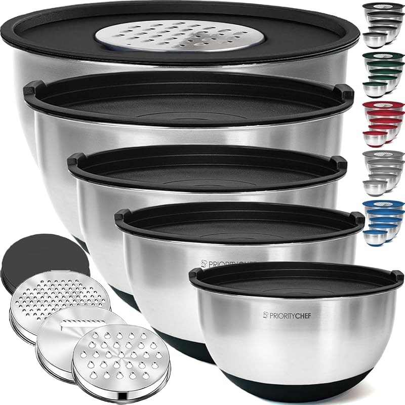 Priority Chef Stainless Steel Mixing Bowls with Airtight Lids and Grat