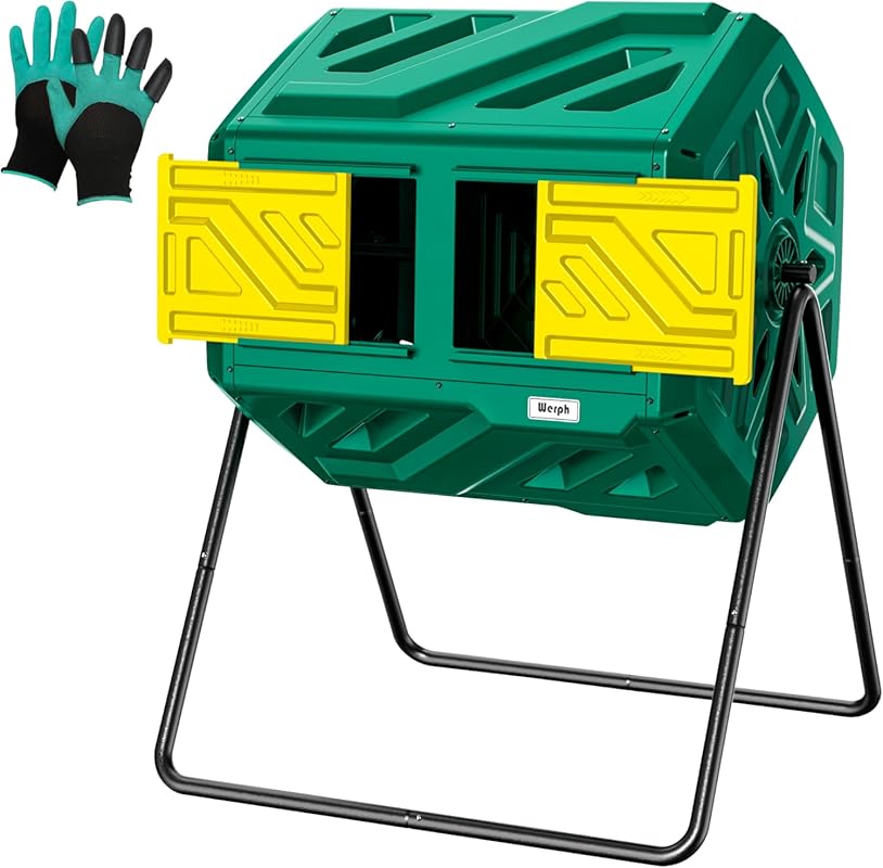43 Gallon Dual Chamber Tumbling Composter with Gloves - Fast Assembly 