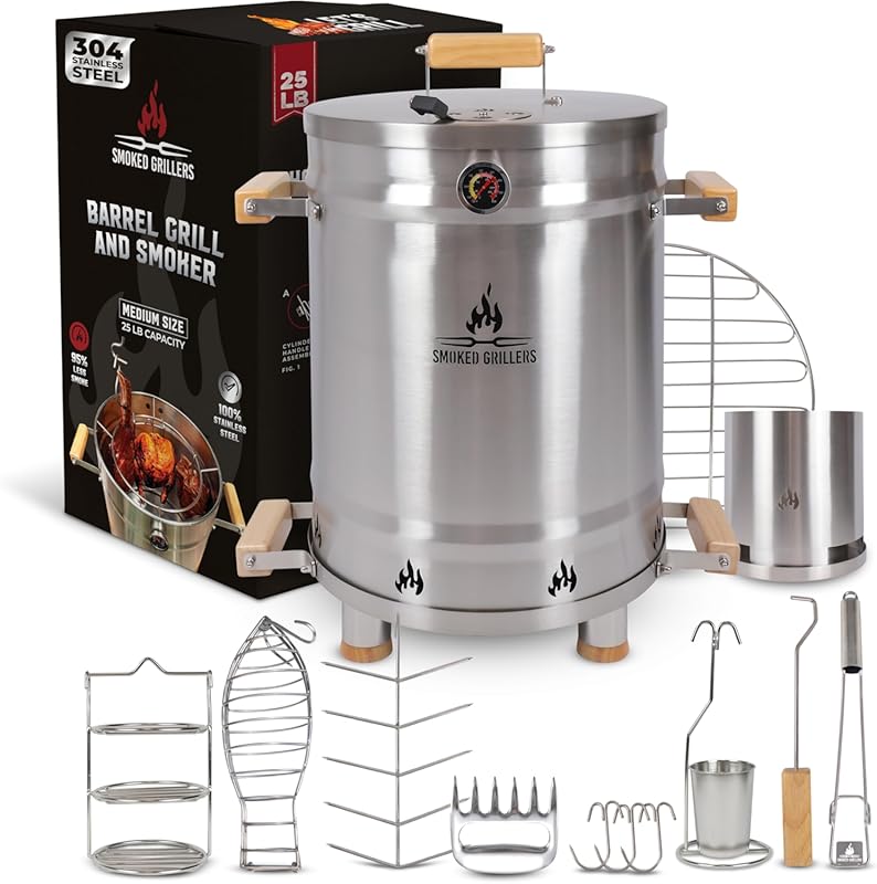 Barrel Smoker Grill Combo 100% 304 Stainless Steel Vertical Smoker wit