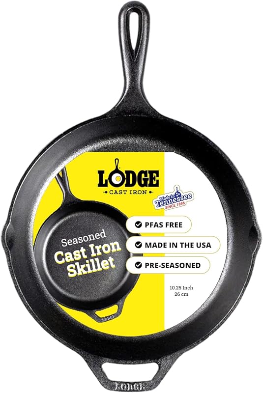 Lodge Cast Iron Skillet 10.25 Inch: PFAS-Free, Non-Toxic, Oven Safe for Stove, Grill, Campfire; Naturally Non-Stick.