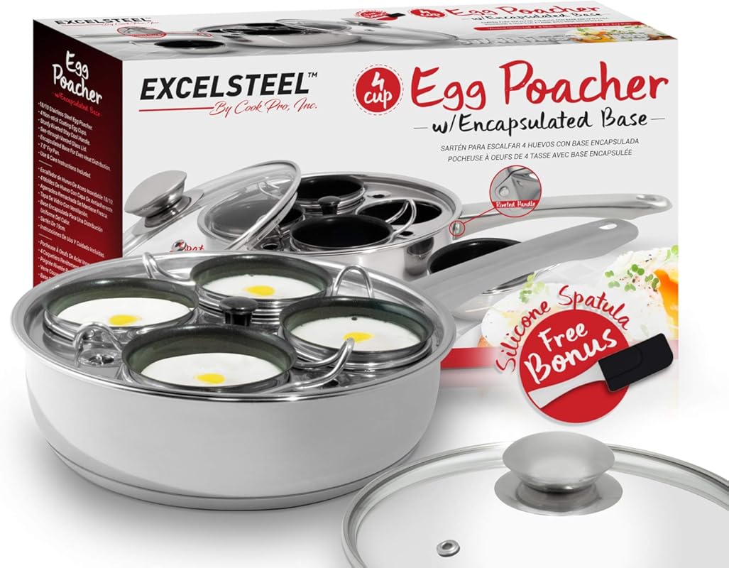 EXCELSTEEL Non Stick 4-Cup Stainless Steel Egg Poacher – Rust Resistan