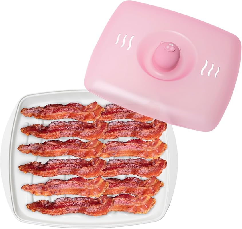 Joie Piggy Microwave Bacon Grooved Cooking Tray with Splatter Lid, Hol