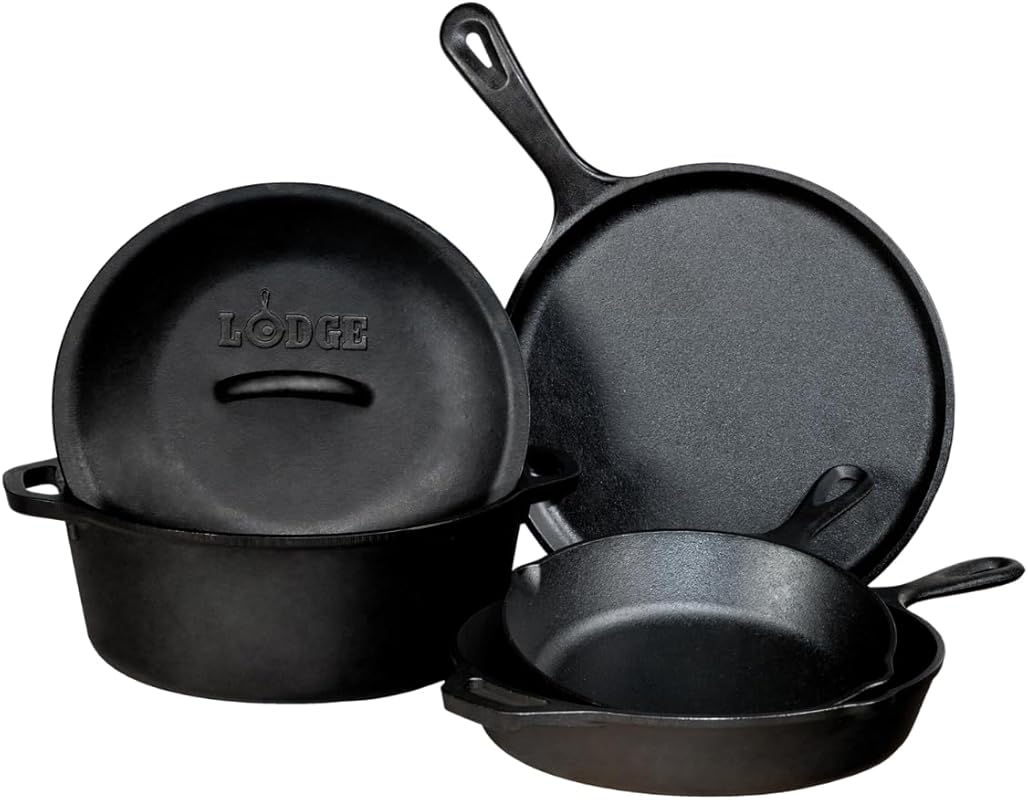 Lodge Cast Iron 5 Piece Set: Pre-Seasoned Black Cookware for Oven, Stove, Grill, Campfire; Durable and Versatile.