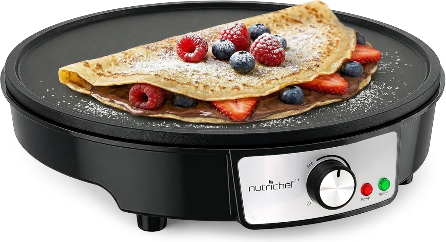 Nutrichef 12-Inch Electric Crepe Maker with Nonstick Surface, LED Ligh