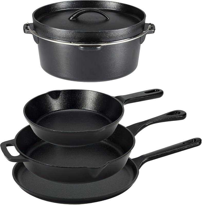 Amazon Basics Pre-Seasoned Cast Iron 5-Piece Cookware Set offers oven