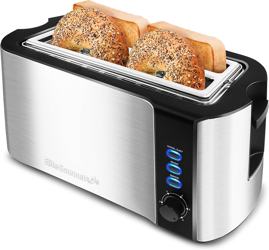 Elite Gourmet 4-Slice Long Slot Toaster with Extra Wide Slots for Bage