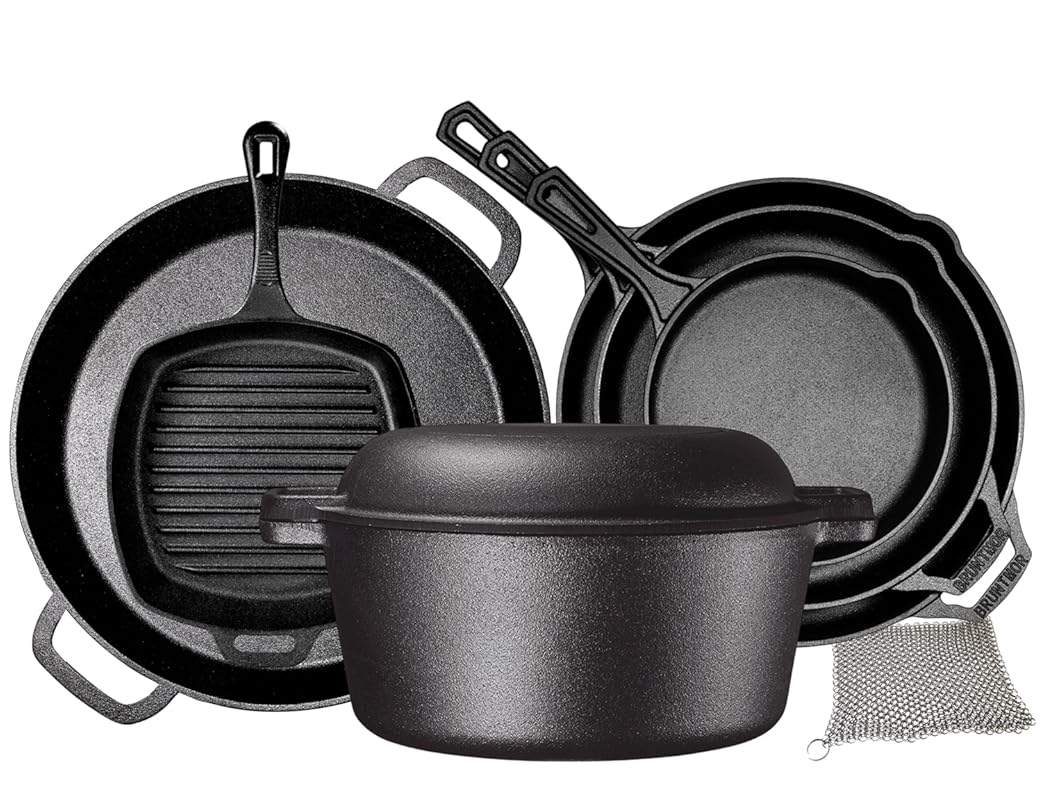 Bruntmor 8-Piece Pre-Seasoned Cast Iron Cookware Set with Skillets, Gr