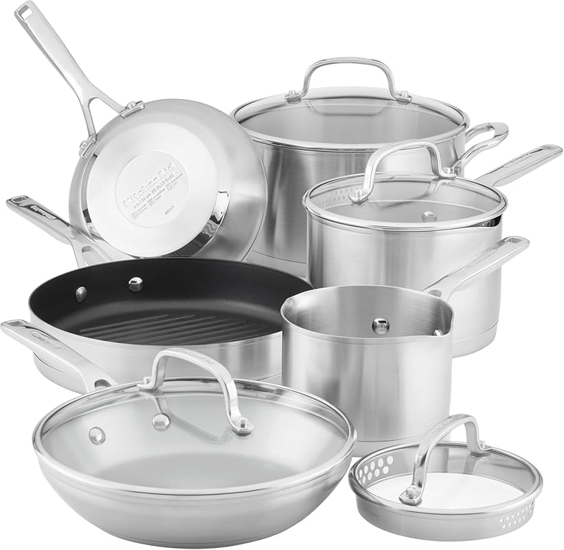 KitchenAid 3-Ply Base Brushed Stainless Steel Induction Pots and Pans