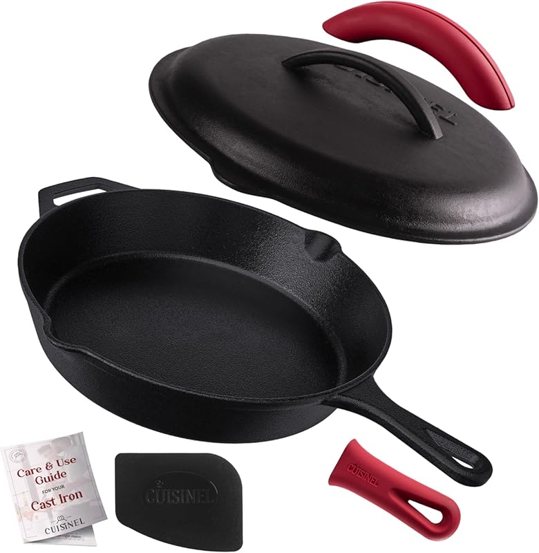 Cuisinel 12-Inch Cast Iron Skillet with Lid: Pre-Seasoned, Silicone Handle, Holders, Scraper; Oven, Stovetop, Grill, Campfire Safe.