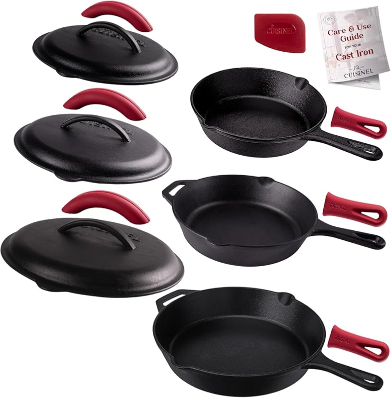 Cuisinel Pre-Seasoned Cast Iron Skillets Set with Lids in 8