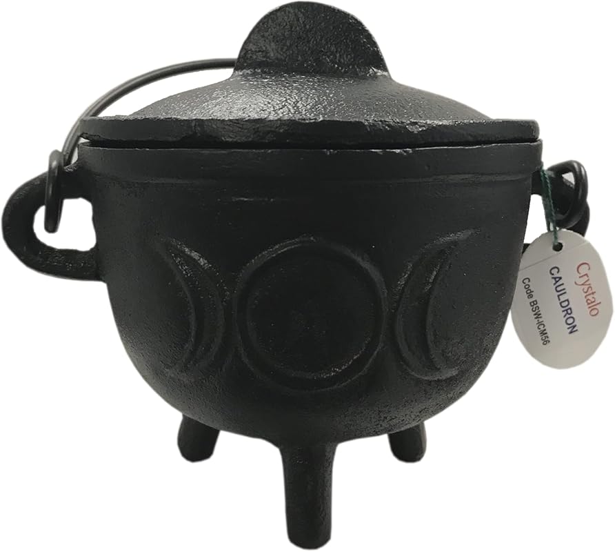 Triple Moon Cast Iron Cauldron with Lid - 4 Inch Diameter for Rituals,