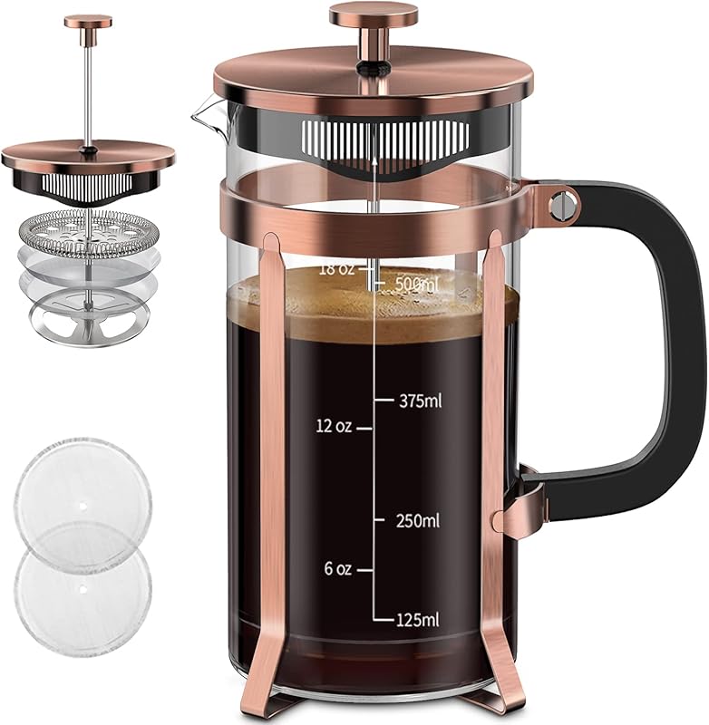 QUQIYSO French Press: 304 Stainless Steel, 4 Filters, Heat Resistant B