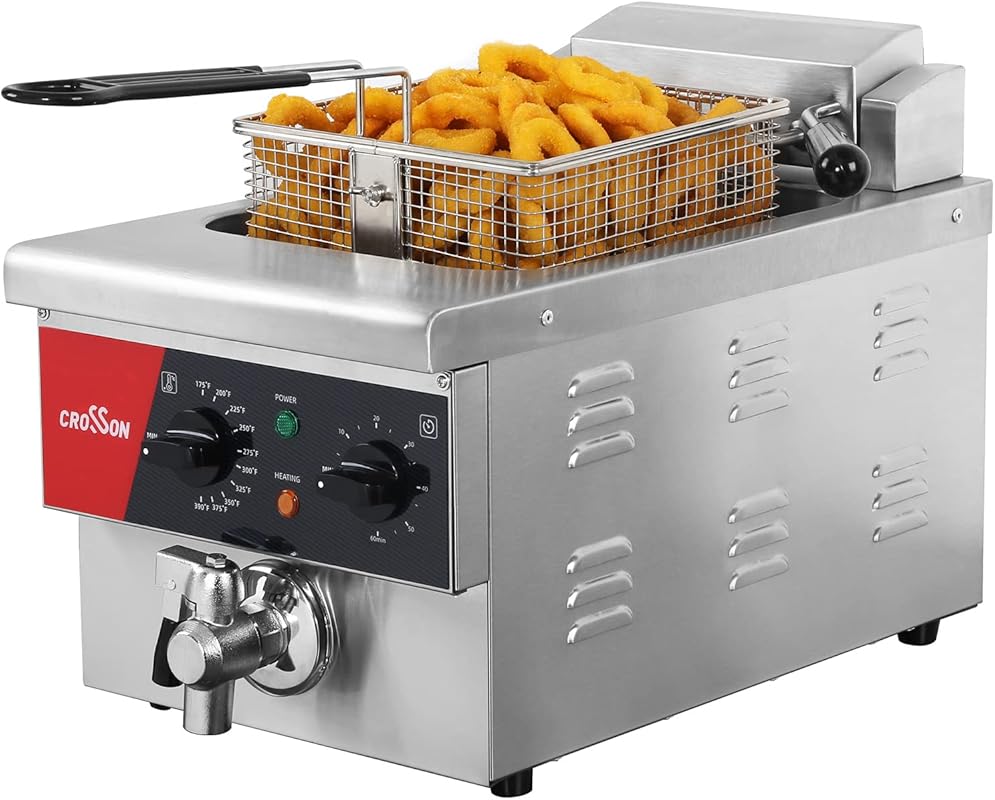CROSSON 6L Electric Countertop Deep Fryer with Drain, Timer, Basket, a
