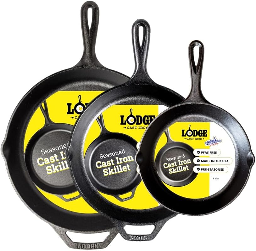 Lodge Cast Iron Skillet Set: 8, 10.25, 12-Inch; PFAS-Free, Non-Toxic, Oven Safe for Stove, Grill, Campfire; Naturally Non-Stick.