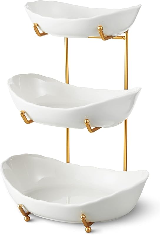3-Tier Ceramic Fruit Bowl for Kitchen Counter with Metal Stand, Tiered