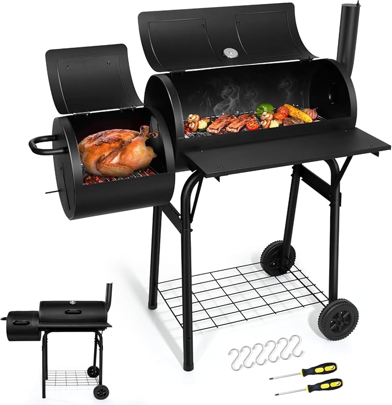 Joyfair Charcoal Grill with Offset Smoker, Side Fire Box, Thick Steel