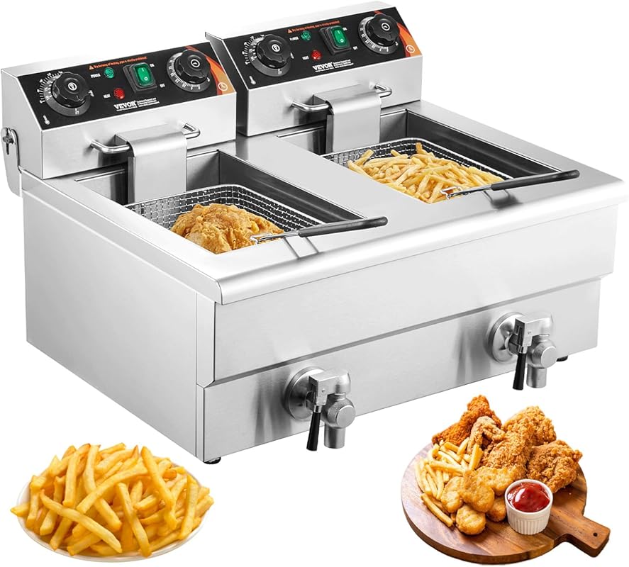 VEVOR Commercial Dual Tank Deep Fryer 3000W Electric Countertop Fryer