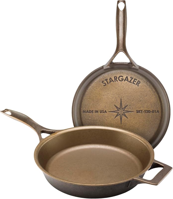 Stargazer 12-Inch Cast Iron Skillet: USA Made, Pre-Seasoned for Grilling, Searing, Baking; Durable Premium with Smooth Surface.