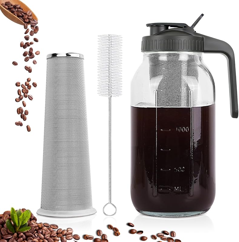 64 oz Mason Jar Cold Brew Maker: Stainless Steel Filter, Airtight Lid