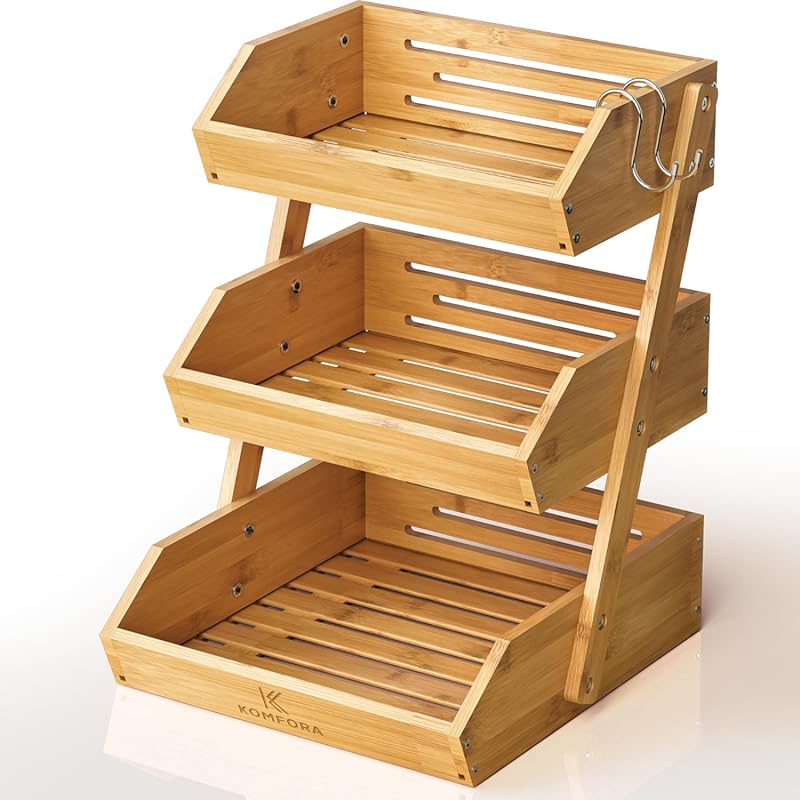 3-Tier Premium Bamboo Fruit Basket for Kitchen with 2 Hangers, Durable