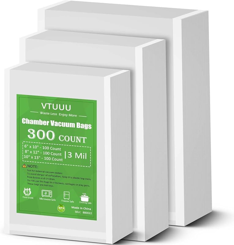 300 Count Chamber Vacuum Sealer Bags in 6x10, 8x12, 10x13 Sizes, 3-Mil