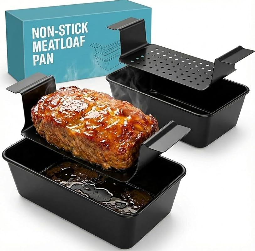 2 Pack Non-Stick Meatloaf Pan Set with Drain Tray Insert - Healthy Gre