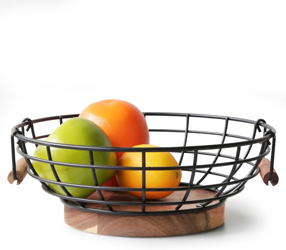 Black 10-Inch Wire Fruit Basket with Acacia Wood Base, Large Fruit Bow