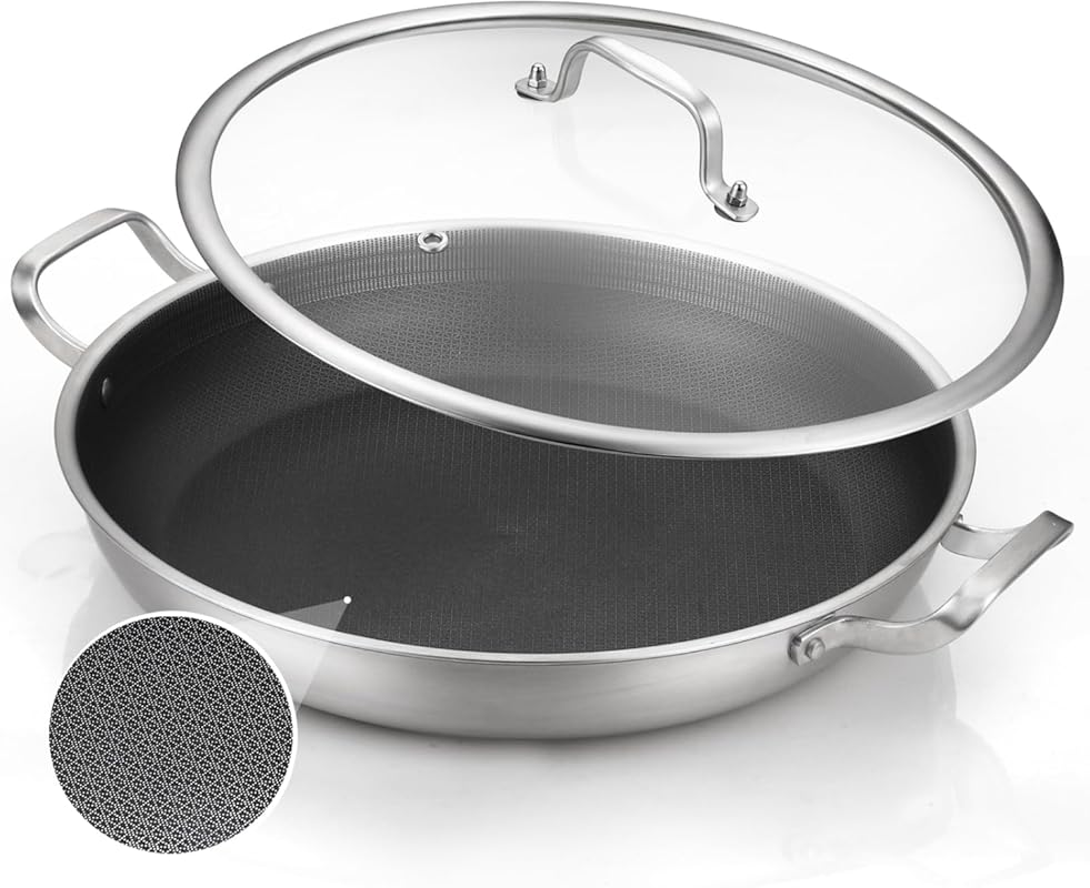 DELARLO 14 Inch Tri-Ply Stainless Steel Paella Pan with Lid - Nonstick