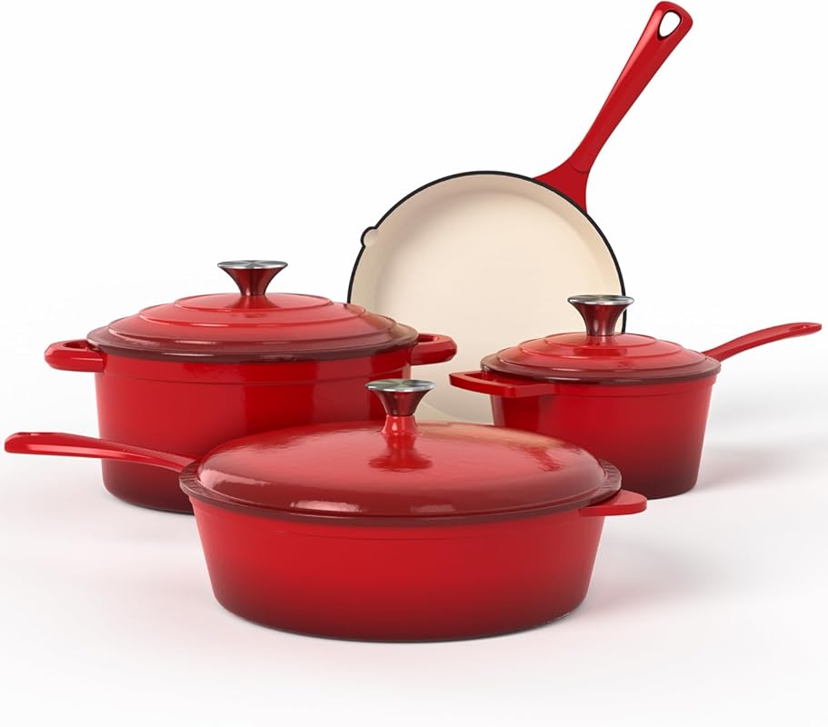 Kitchen Academy Enameled Cast Iron 7-Piece Cookware Set Non Toxic, Ind