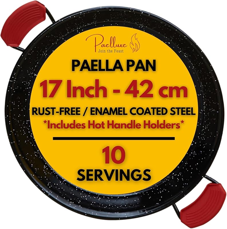 Enamelled Steel Paella Pan 17 Inch - No-Rust for Propane Gas Burners,
