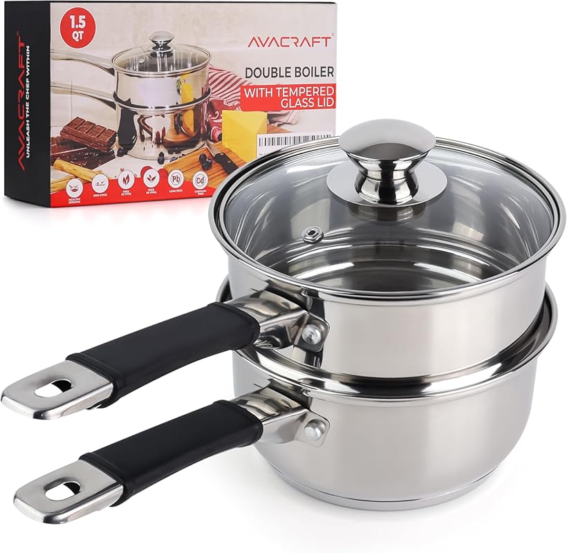 AVACRAFT 18/8 Stainless Steel 1.5 Quart Double Boiler 5-Layer Base, Te