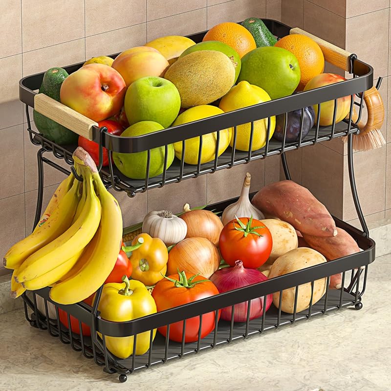 2-Tier Large Detachable Metal Fruit Bowl with Wooden Handle & 2 Mobile