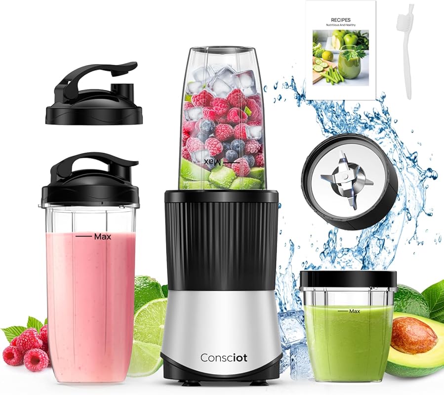 Consciot CB08 11-Piece Blender with 900 Peak Watts, 3 To-Go Cups, Lids