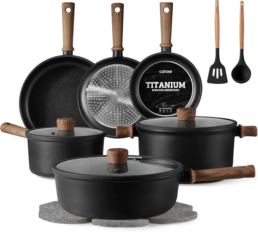 CAROTE Nonstick Pots and Pans, Induction Titanium Cookware Set 16pcs K