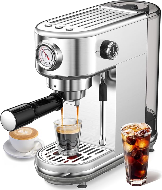 20 Bar Espresso Machine with Milk Frother, 44OZ Tank - Stainless Steel