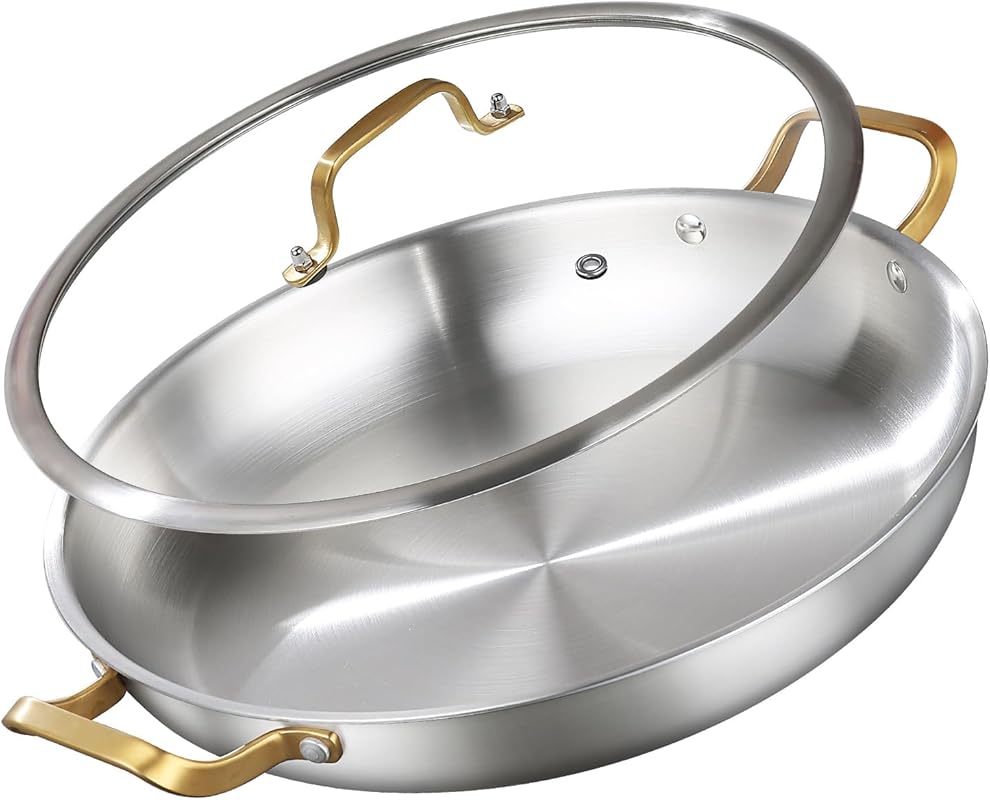 DELARLO 14 Inch Tri-Ply Stainless Steel Paella Pan with Lid - Inductio
