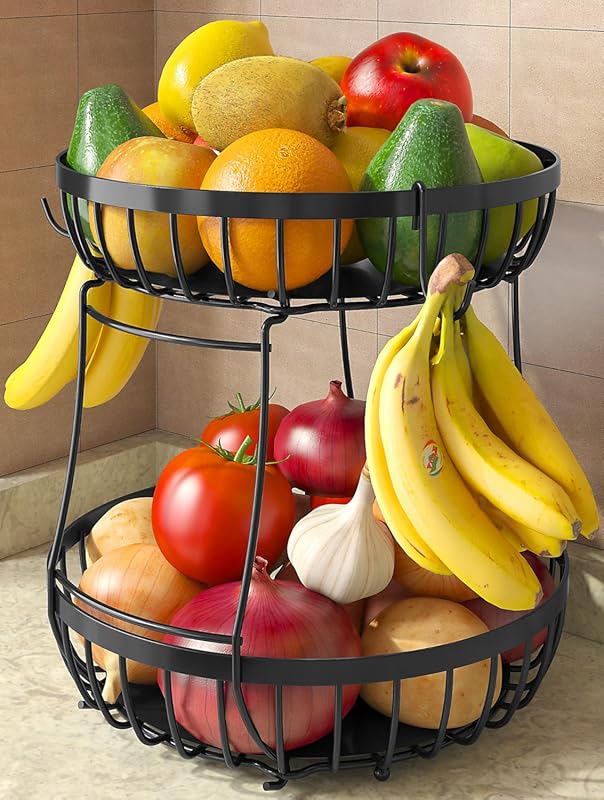 2-Tier Large Metal Fruit Basket for Kitchen Counter with 2 Banana Hang