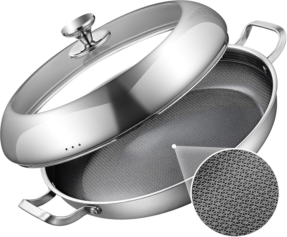 DELARLO 14 Inch Tri-Ply Stainless Steel Nonstick Paella Pan - Inductio