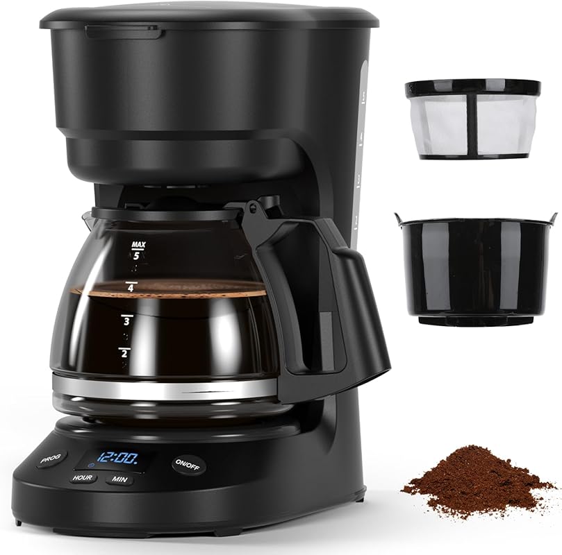 5-Cup Compact Programmable Drip Coffee Maker with Digital Clock, 24-Ho