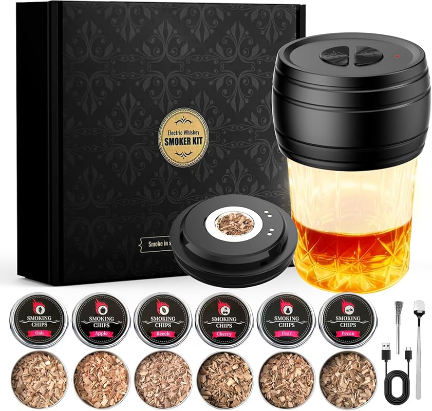 Rechargeable Electric Whiskey Smoker Kit with Built-in Lighter, 6 Wood