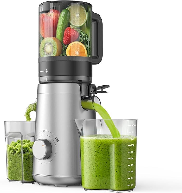 Cold press juicer with 5.3 inch wide chute for whole produce, high jui