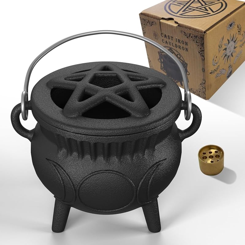 Triple Moon Mini Cast Iron Cauldron with Handle - Pre-Seasoned for Coo
