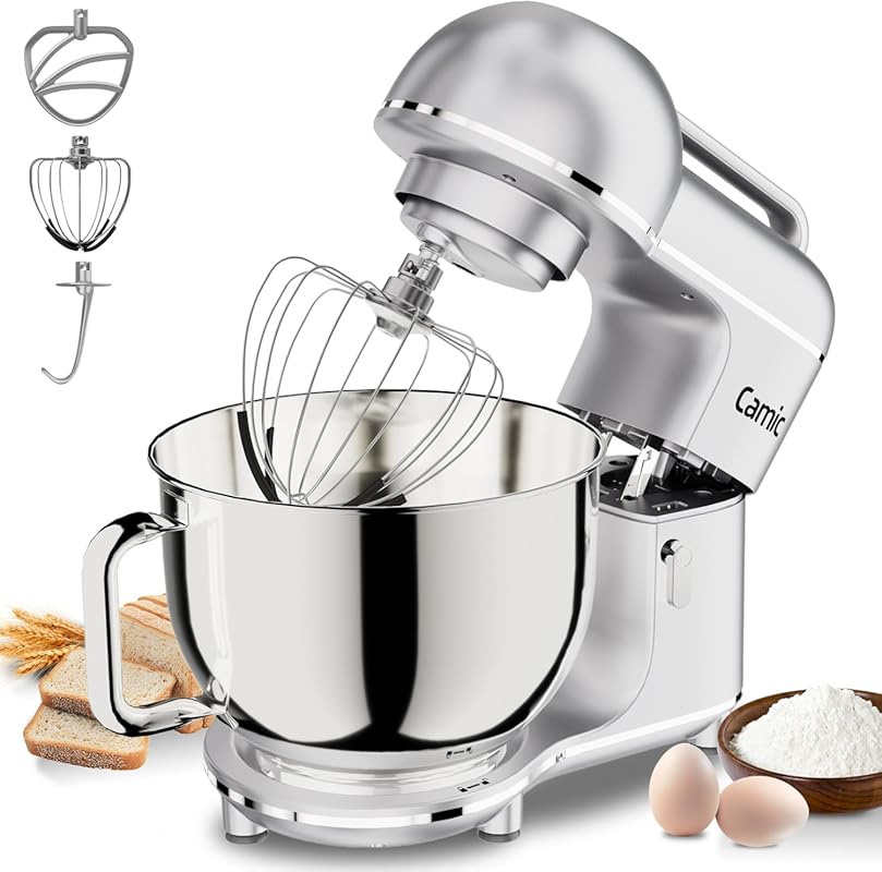 Camic 7.45 QT 10-Speed Electric Stand Mixer with Dough Hook, Whisk, Fl