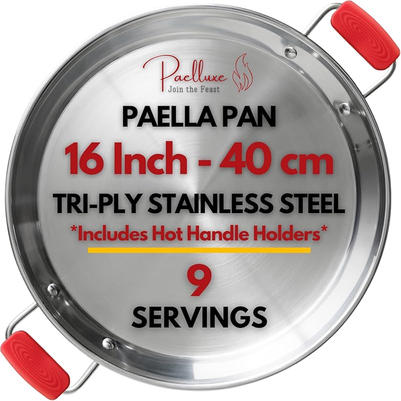 16 Inch Tri-Ply Stainless Steel Paella Pan - Rust-Free No Seasoning, I