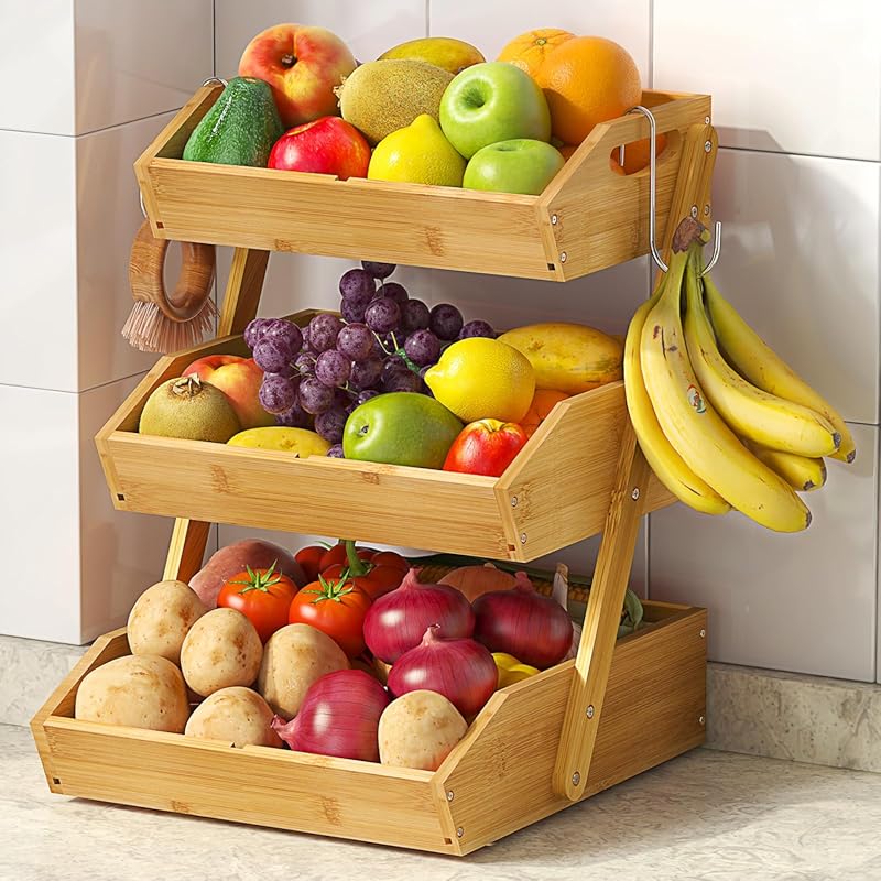 3-Tier Large Bamboo Fruit Basket for Kitchen Counter with 2 Banana Hol