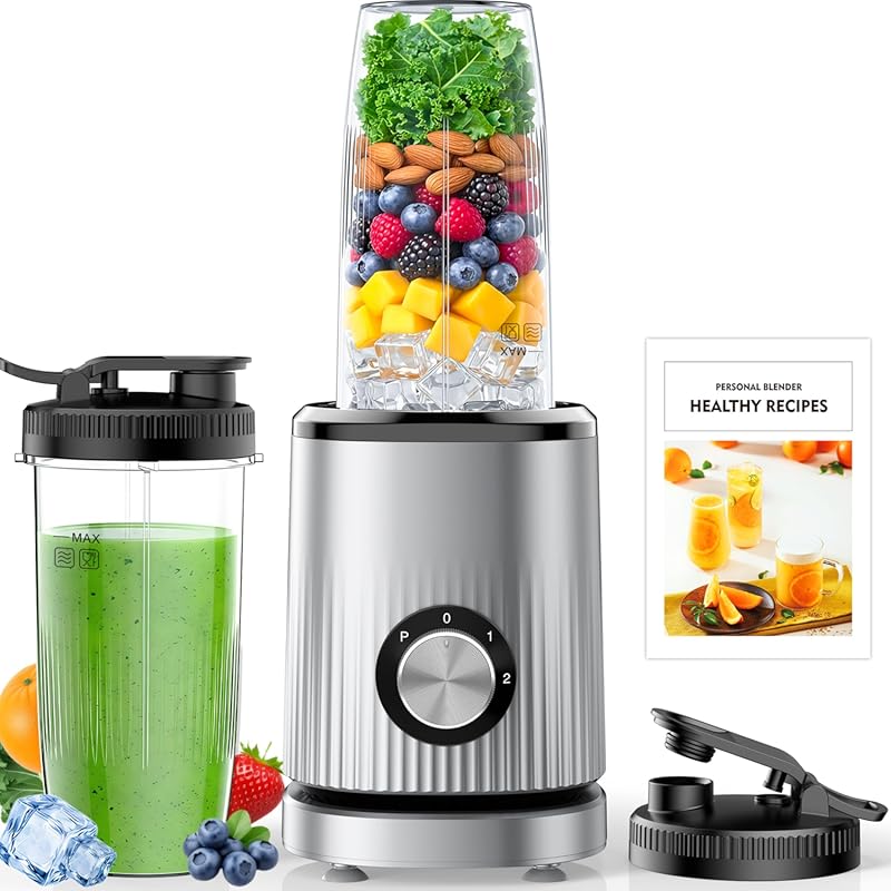 Portable Personal Blender: 24oz Cups with Lid, 6 Blades for Smoothies,